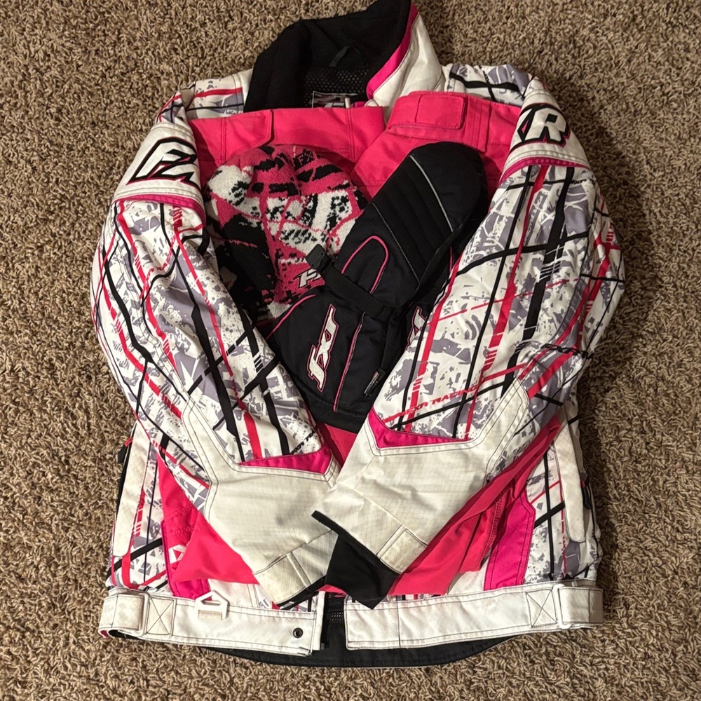 Women's Vibrant Pink and White Jacket, Bibs, Hat, Mittens